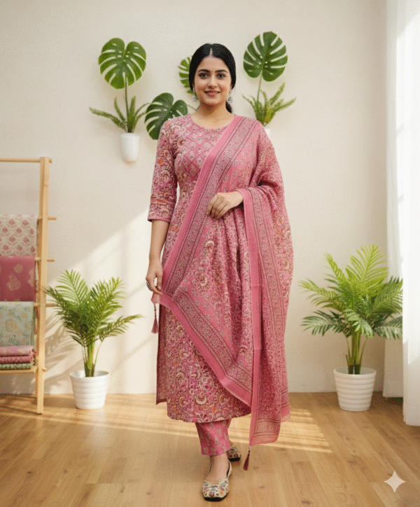 Rajasthani Jaipuri Print Kurta Set – Stylish Pink Cotton Suit with Dupatta