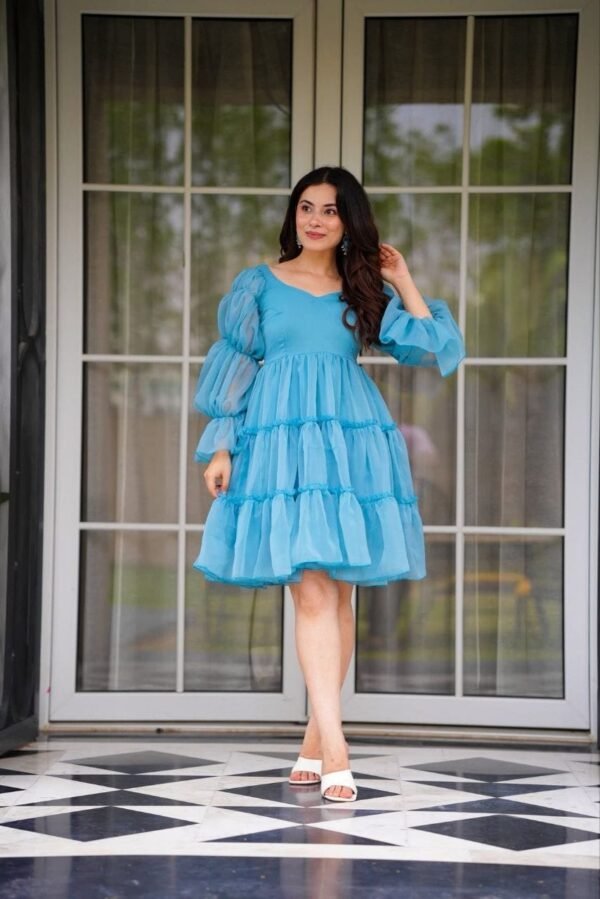 Women’s Elegant Blue Bell Mini Dress – Sweetheart Neckline